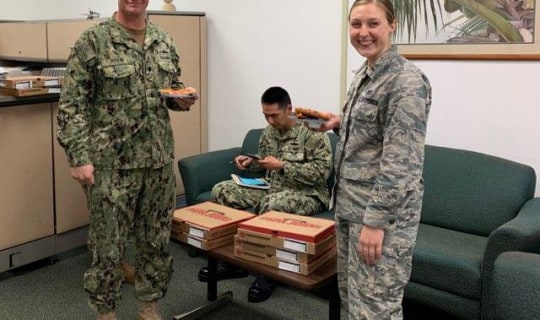 Joint Base Pearl Harbor-Hickam’s emergency operations center enjoys pizzas sent by the Honolulu Council.