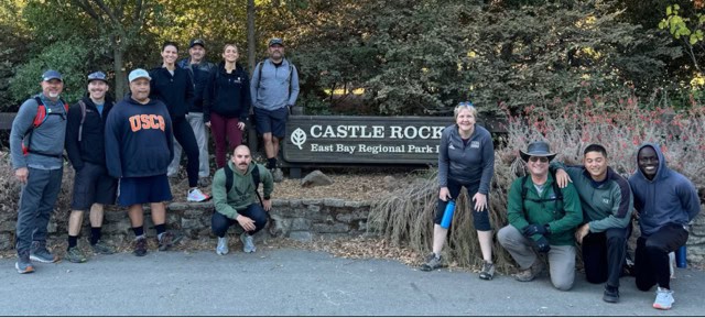 A large group of hikers posing together next to a sign for Castle Rock East Bay Regional Park